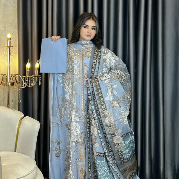 AARZU Premium SWISS LAWN 3-piece | Powder Blue Beige Edition