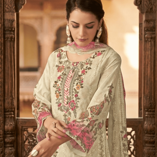 Mannat Elegant Cream – Printed & Embroidered Work Cotton Three-Piece