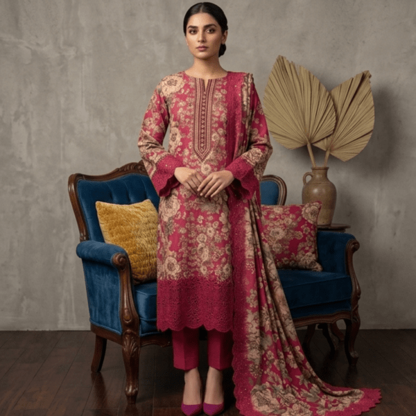 Hania Collection – Rani Pink Printed & Embroidered Work Cotton Three-Piece