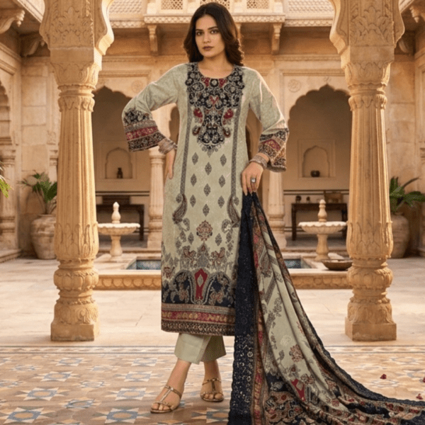 Mannat Olive Royale – Printed & Embroidered Work Cotton Three-Piece