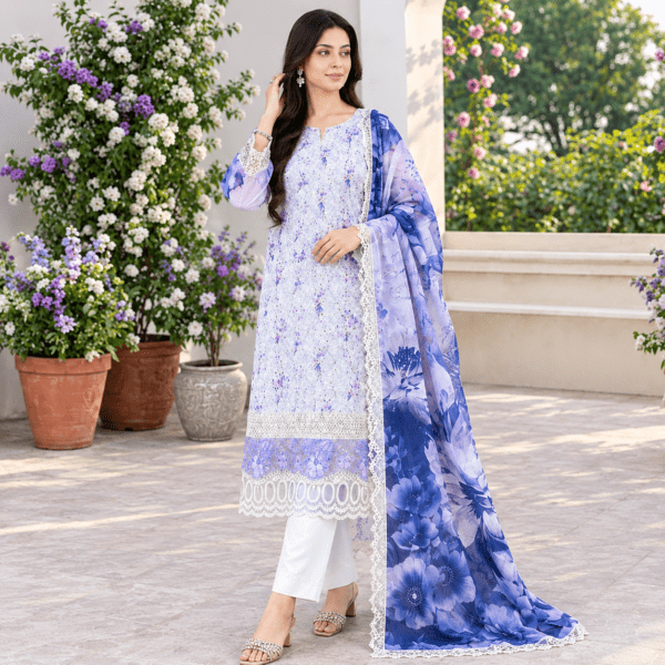 Laser Work Embroidery with Digital Print – 100% Cotton 3-Piece