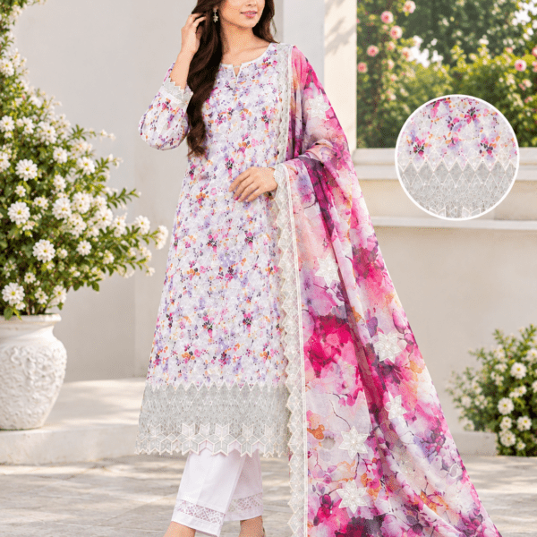 Laser Work Embroidery with Digital Print – 100% Cotton 3-Piece