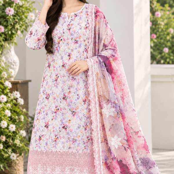 Laser Work Embroidery with Digital Print – 100% Cotton 3-Piece